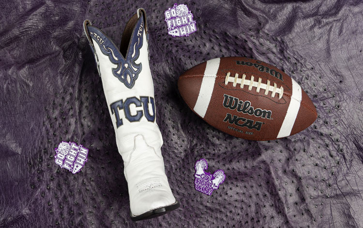 Custom boots made for TCU Showgirls next to a football on a purple background.